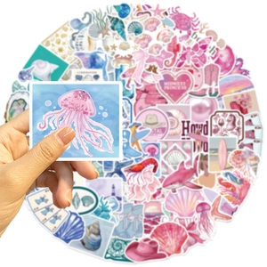 100pcs summer coastal stickers in pink and blue for laptop and water bottle decoration