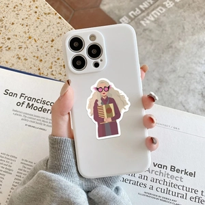 Handheld view of a white smartphone case featuring a cartoon Luna Lovegood illustration