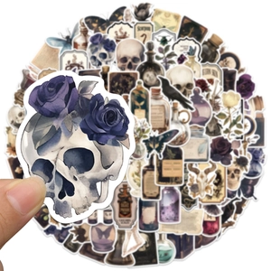 Gothic waterproof vinyl stickers featuring dark roses, skulls, and vintage magic apothecary themes