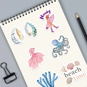 100pcs summer beach aesthetic stickers featuring pink and blue ocean watercolor designs