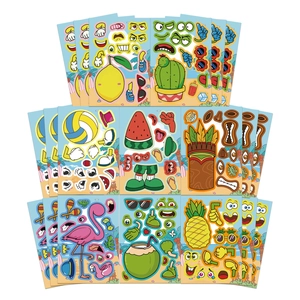 Macro shot of colorful summer beach theme DIY stickers featuring cartoon flamingo and fruits