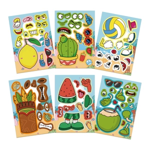 Kids DIY beach summer stickers set with 6 creative cartoon puzzle characters for handcrafting