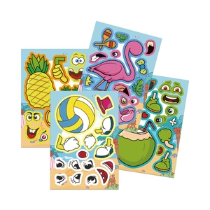 Detail of DIY summer beach stickers featuring cartoon pineapple and flamingo themes