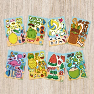 Detail of 8 summer beach cartoon DIY stickers featuring lemons, flamingos, and pineapples