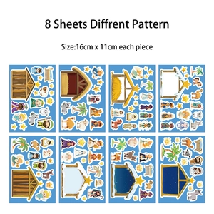 Set of 8 sheets showing detailed Nativity scene stickers for children DIY crafts