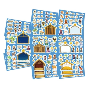Kids' Nativity scene DIY sticker set featuring cartoon Jesus, Mary, and animals