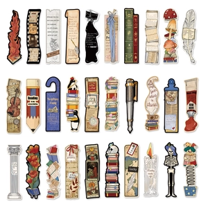 Set of 30 vintage aesthetic paper bookmarks featuring hand-drawn academic and retro designs