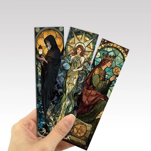 Set of 3 artistic tarot stained glass bookmarks featuring classic hermit and star designs