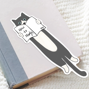 Simpatico segnalibro a gatto con testo 'How to study' in un libro su un tappeto bianco
