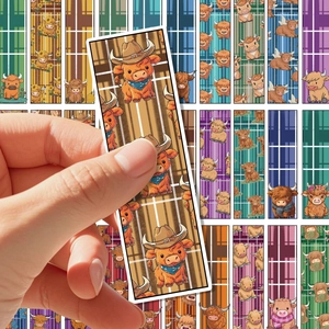 Detailed close-up of cute cartoon Highland cow bookmarks with colorful plaid patterns