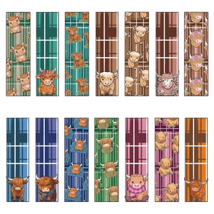 Set of 14 cute Highland Cow bookmarks with colorful Scottish tartan patterns and cartoon art