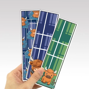 Set of cute cartoon Highland Cow bookmarks with colorful hand-drawn patterns and designs