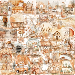 Detailansicht der Aquarell-PET-Sticker mit Herbstmotiven, Kürbissen und gemütlichen Elementen