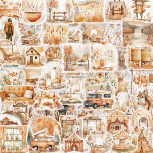 50 Aquarell-Herbstaufkleber aus PET mit Vintage-Campern, Wäldern und Eichhörnchen