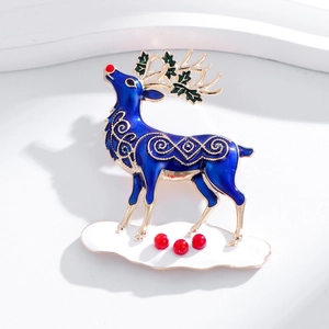 Exquisite Christmas reindeer brooch in dark blue enamel with golden antlers and red nose