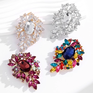 Elegant floral glass brooches with sparkling crystals and colorful oval gemstones