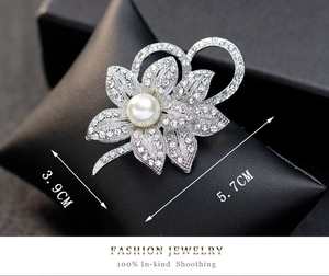 Detail of elegant silver alloy floral brooch with sparkling rhinestones and a white pearl