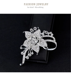 Detailansicht der silbernen Strass-Brosche in Blumenform auf einem Schmuckdisplay