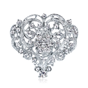 Large Heart Shaped Rhinestone Brooch For Women Vintage Silver Alloy Hollow Flower Corsage Wedding Bridal Jewelry Gift
