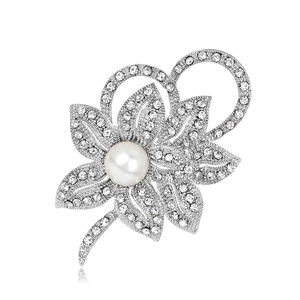 Elegant Alloy Rhinestone Flower Brooch With Faux Artificial Pearl Silver Plated Floral Breastpin For Women Wedding Party Jewelry