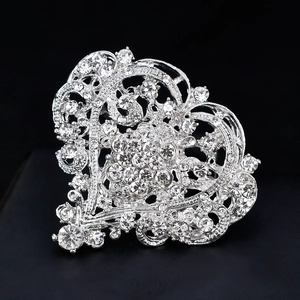 Elegant silver heart brooch with sparkling white rhinestones for wedding accessories