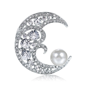 Elegant Crescent Moon Brooch For Women Silver Plated Alloy Inlaid Rhinestones With Large Faux Artificial Pearl Banquet Jewelry Gift