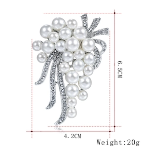 Elegant pearl grape brooch with crystal leaves and 6.5cm dimensions on white background