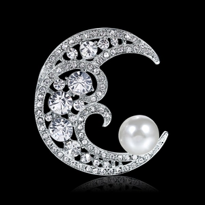 Elegant silver crescent moon brooch with sparkling zircons and a white lustrous pearl