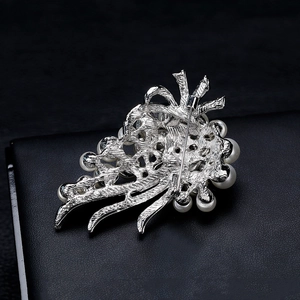 Elegant 18k silver flower bouquet brooch with white pearls and secure back pin