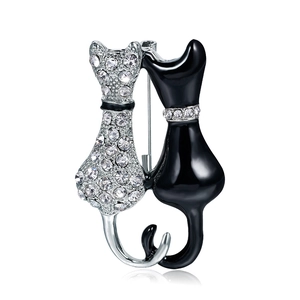 Mode Legierung Doppel Katze Brosche Mit Strass Emaille Schwarz Weiß Tier Anstecknadel Für Damen Kleidung Zubehör Schmuck Geschenk