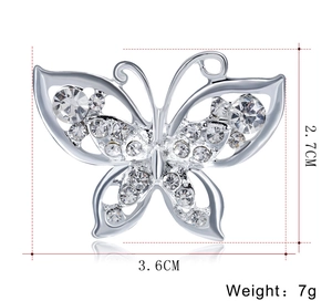 Silver butterfly brooch with crystals and detailed hollow wings, dimensions 3.6cm by 2.7cm
