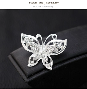 Macro shot of silver crystal butterfly brooch pin with sparkling rhinestones on jewelry box