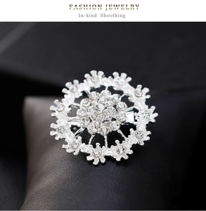 Macro shot of silver crystal flower brooch with sparkling rhinestones on black display