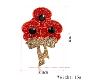 Spilla fiore di papavero rosso con dimensioni 5,3cm x 3,5cm e specifiche di peso