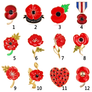 Poppy flower enamel brooch pins set with sparkling rhinestones in a gold-tone finish