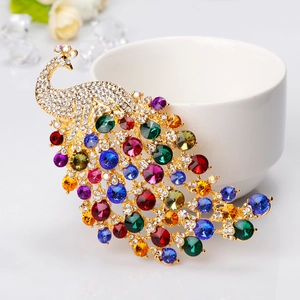 Large Peacock Brooch Pin Gold Alloy Colorful Crystal Rhinestone Elegant Animal Jewelry For Women Party Accessory