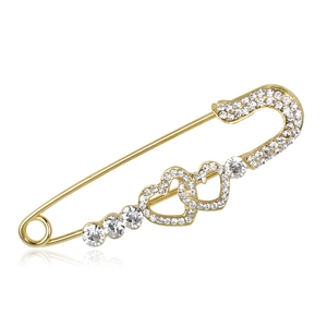 Elegant gold heart safety pin brooch with sparkling cubic zirconia and crystal accents