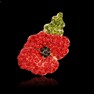 Close-up of sparkling red crystal poppy flower brooch with golden base and reflection