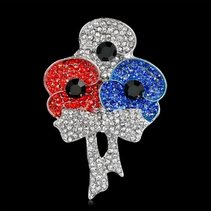 Spilla fiore di papavero con cristalli rossi bianchi blu e fiocco in argento