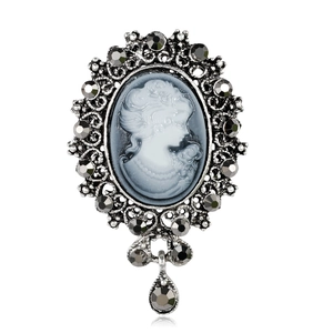 Vintage silver-tone cameo brooch with grey female relief and crystal tassel pendants