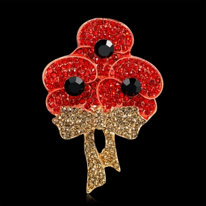 Spilla classica a forma di papavero rosso con tre fiori e fiocco dorato con strass