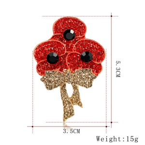 Spilla a papavero rosso classico con strass e nappa a fiocco dorata 5,3cm x 3,5cm