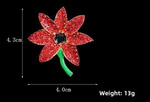 Detail view of red poppy brooch with rhinestones showing dimensions 4.3cm x 4.0cm