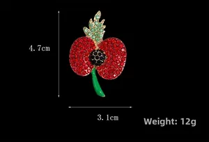 Detailed size view of red crystal poppy flower brooch showing 4.7cm height and 12g weight
