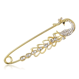 Élégante broche paon dorée ornée de strass blancs brillants avec fermoir épingle de sûreté