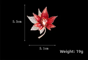 Detailed view of red enamel maple leaf brooch with size dimensions 5.5cm by 5.1cm