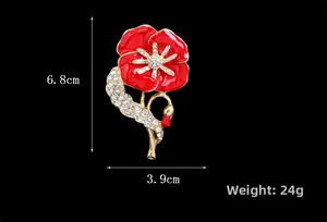 Detailed view of red poppy brooch showing 6.8cm height and 3.9cm width dimensions