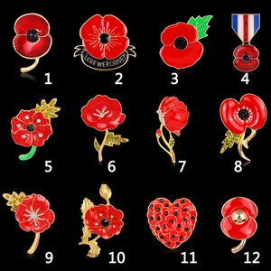 Poppy red flower brooches collection in gold finish with vibrant enamel and rhinestones
