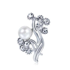 Elegant silver flower brooch with a large white pearl and sparkling rhinestones