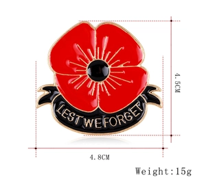 Poppy enamel pin detail showing dimensions 4.5cm by 4.8cm with Lest We Forget text